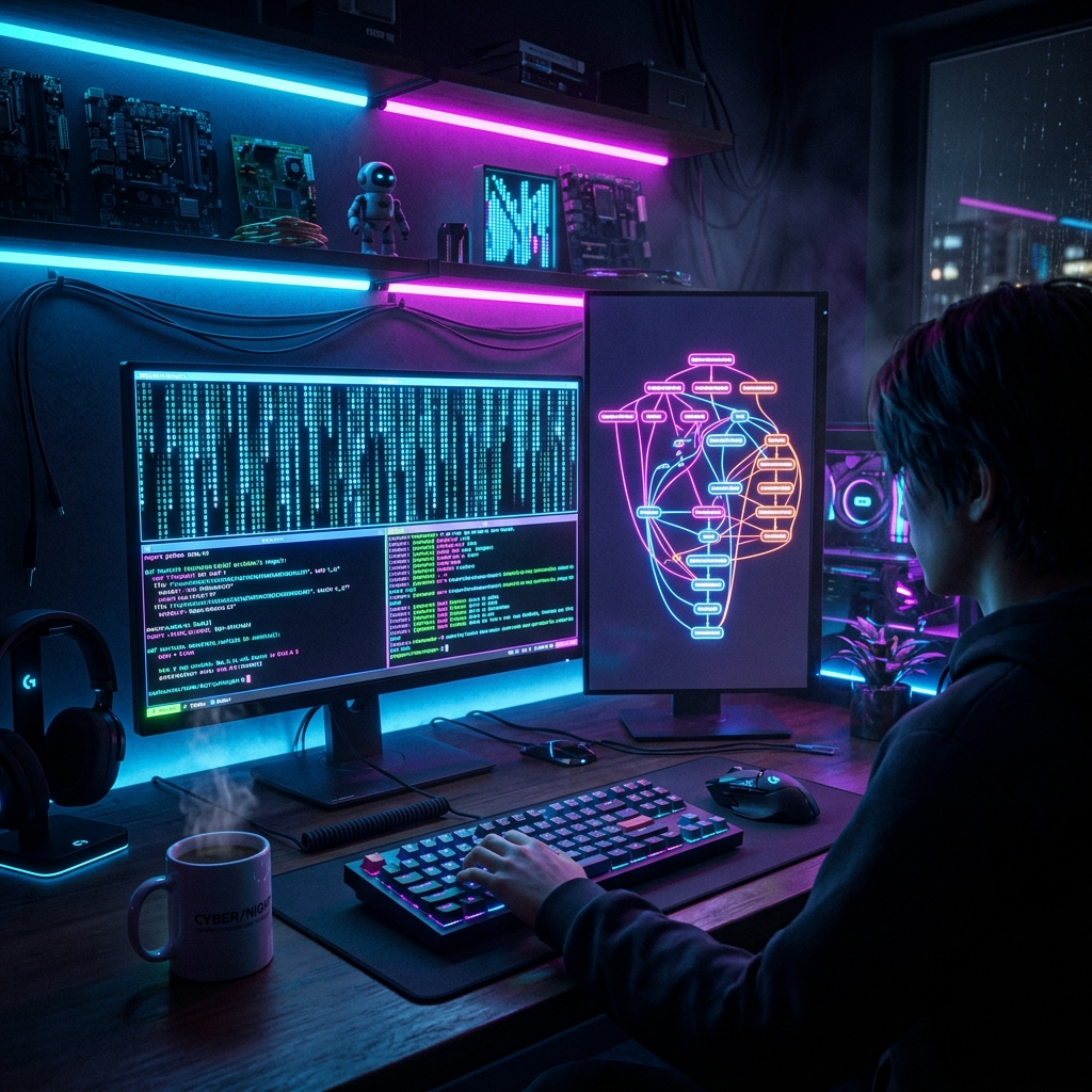 High aesthetic vibe coding setup with neon lighting
